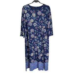 Talbots Midi Sheath Dress Size 14W Blue Floral Paisley Side Twist 3/4 Sleeve